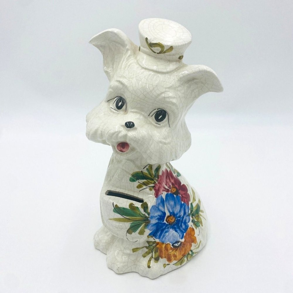 Made in Italy Yorkie Dog Bank Ceramic, w/ Hat, Hand Painted Flowers, No Stopper